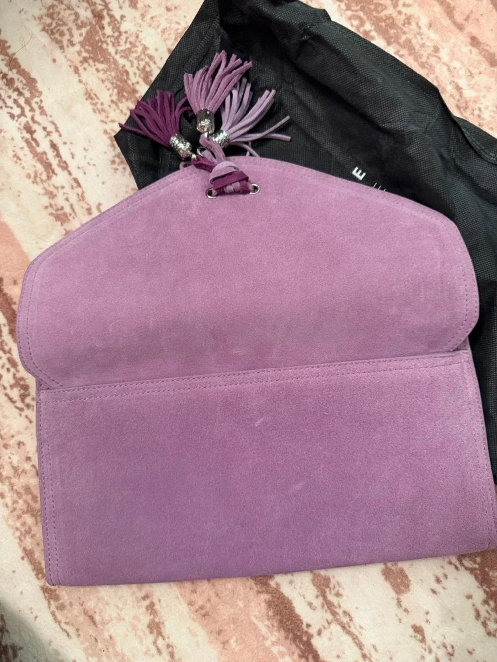 White House Black Market Lavender Suede Tassel Wristlet Clutch - Picture 3 of 3